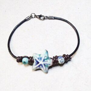 Coastal Cowgirl! Boho Beach Lovers! Ceramic Starfish + Beads + Knotted Leather